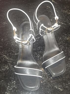 Karl Lagerfeld Black Heels with White Trim and Gold Buckles